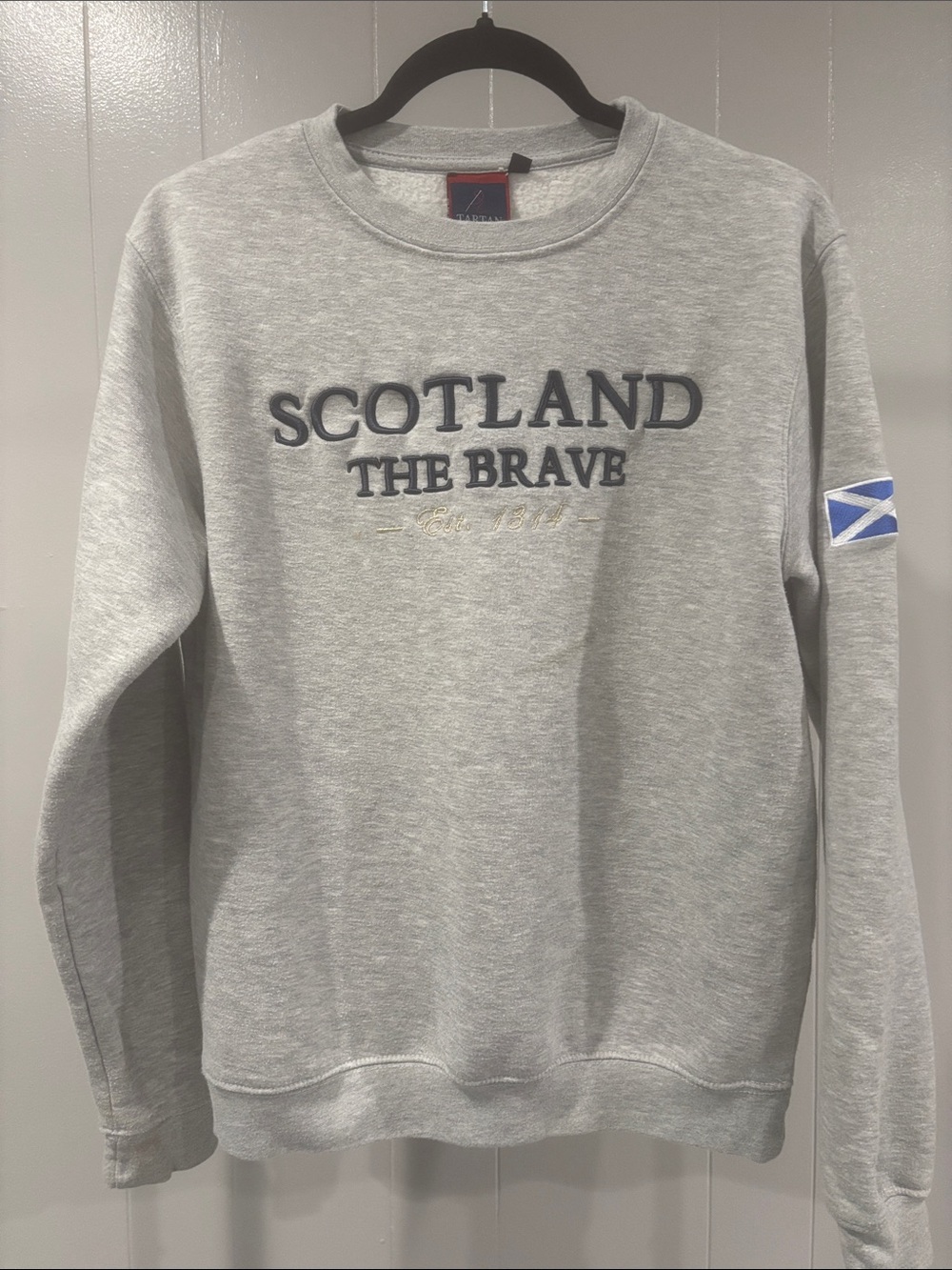 Grey Crewneck Sweater with Embroidered Scotland the Brave Logo Size Medium
